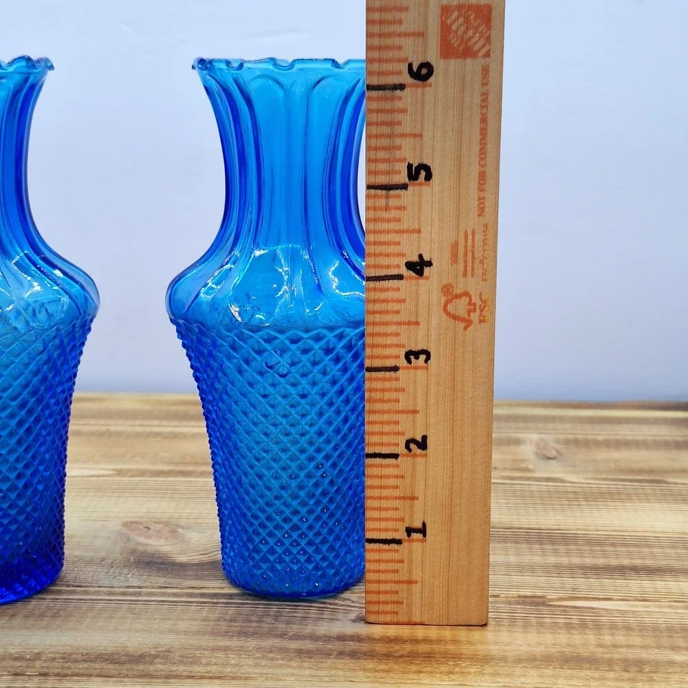 X2 Vintage Sapphire Blue Glass Bouquet Vase Diamond Point Hobnail Set‎ X2 6in